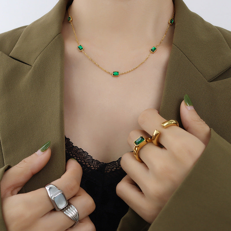 Adiffu Natural Square Emerald Zircon Collarbone Necklace