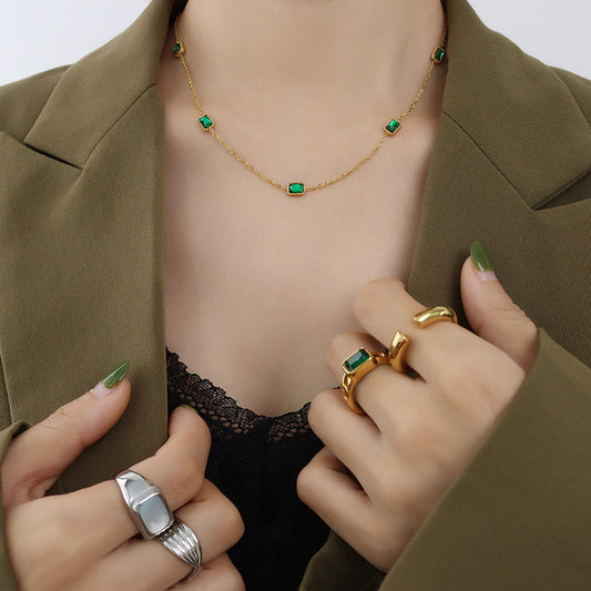Adiffu Natural Square Emerald Zircon Collarbone Necklace