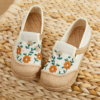 Adiffu Women's Flat Low Top Embroidered Flats Linen Casual Shoes Embroidered Shoes