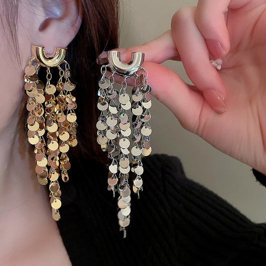 Personalized U-shaped Sequined Tassel Earrings