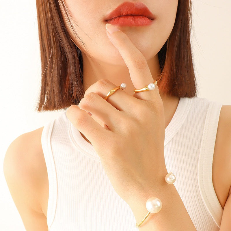 Adiffu Vintage Fashion Imitation Pearl Open Ring