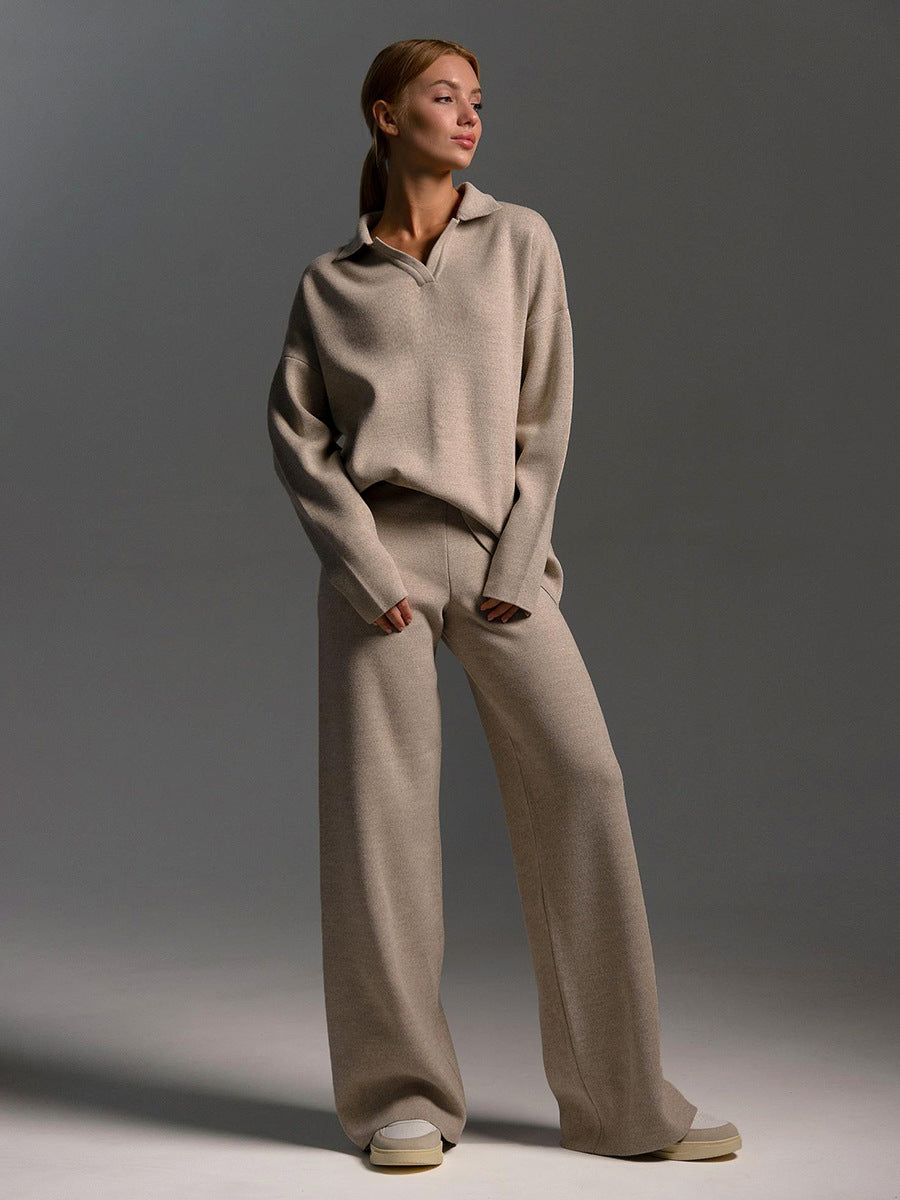 Adiffu Polo Neck Knit Pullover And Wide-leg Trousers