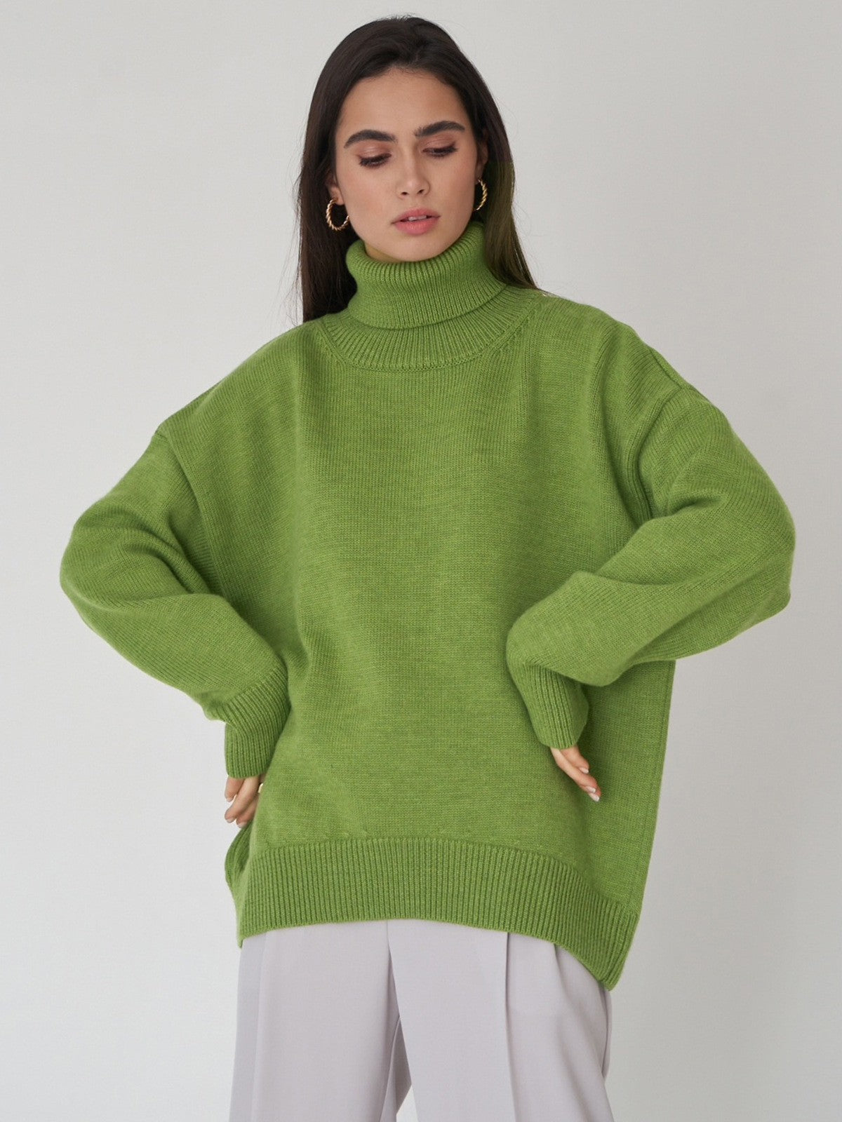 Adiffu Autumn Winter Solid Color Loose Knitted Sweater