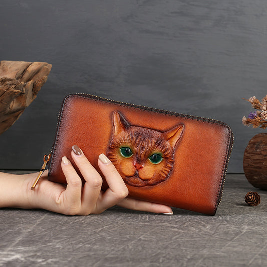 New Genuine Leather Cat Embossed Multi-slot Card Bag Clutch Purse
