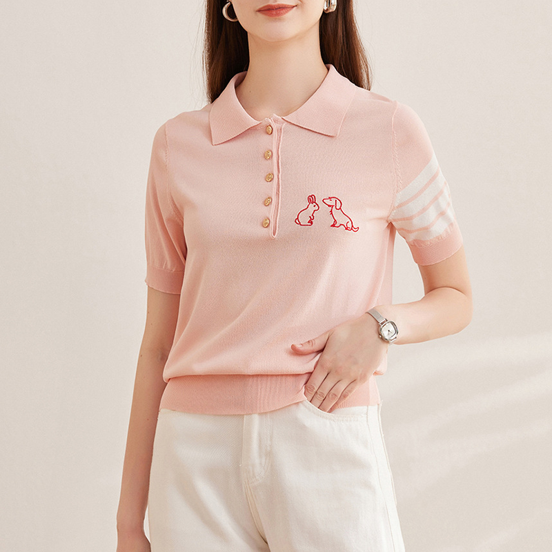 Preppy Style Lapel Short-sleeved T-shirt Knit
