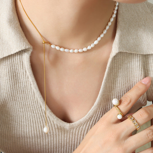 Adiffu French Fresh Water Pearl Adjustable Fringe Pendant Necklace