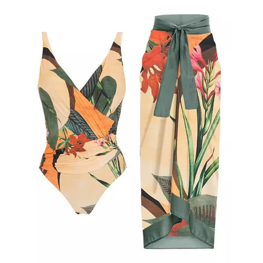 Adiffu Printed Long Skirt Swimsuit