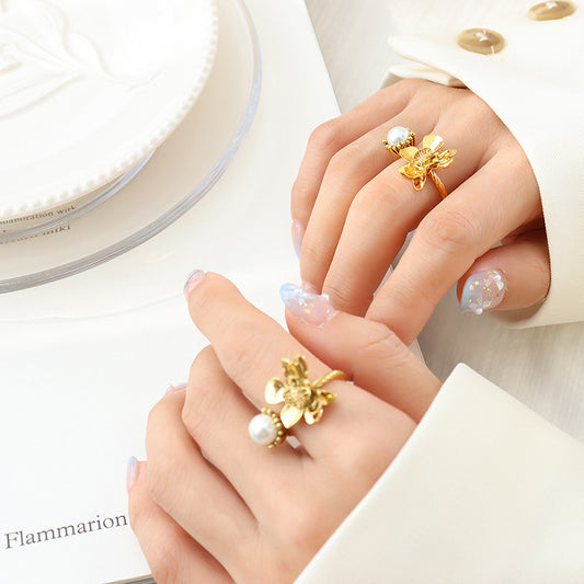 Adiffu Baroque Imitation Pearl Flower Shape Open Ring