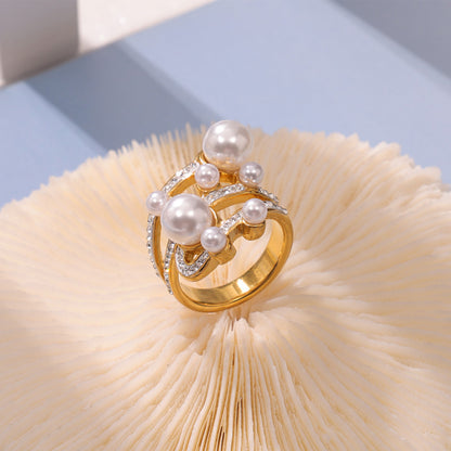 Adiffu Elegant 18K Gold Ring With Diamond And Imitation Pearl
