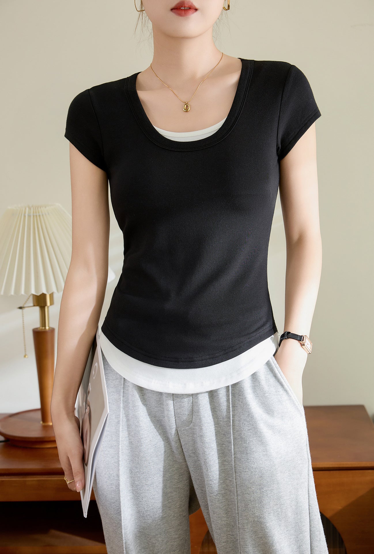 Adiffu Comfortable Cotton Curved Patchwork Short Sleeve T-shirt