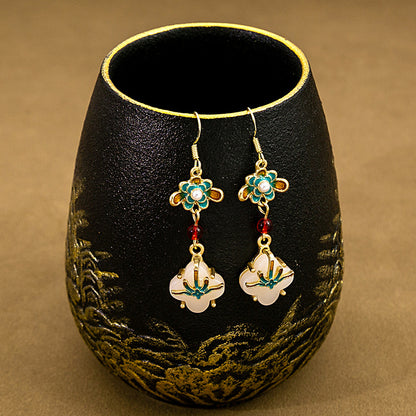 National Style Retro Imitation Jade Four-leaf Clover Earrings