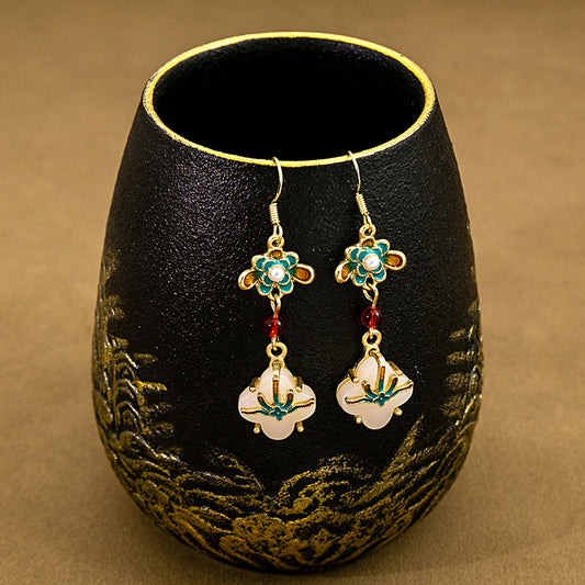 National Style Retro Imitation Jade Four-leaf Clover Earrings