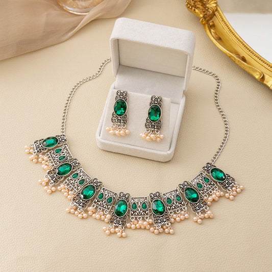 Adiffu Vintage Square Fringe Rice Bead Pendant Jewelry Set