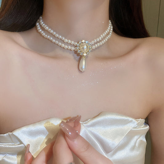 Adiffu Water Drop Artificial Pearl Double Layer Necklace With Diomand For Bride