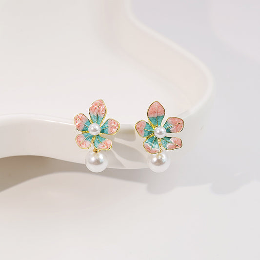 Adiffu Sweet Dripping Oil Flower Pearl Earrings