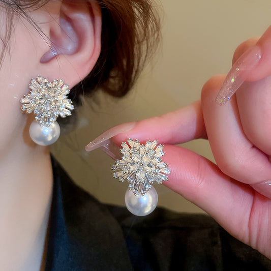 Adiffu Diamond And Flower Pearl Earrings