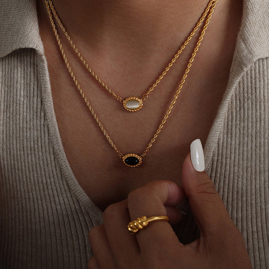 Adiffu Geometric Texture Oval Pendant Double Necklace