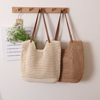 Adiffu Leisure Hollow Single Shoulder Cotton Woven Bag Portable Straw Woven Bag Seaside Holiday Beach Bag Women's Bag