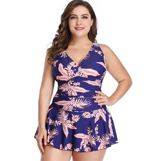 Adiffu Plus Size Blue Printed Skirt Top And Blue Boxer Swim Trunks