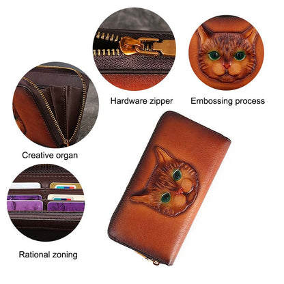 Adiffu New Genuine Leather Cat Embossed Multi-slot Card Bag Clutch Purse
