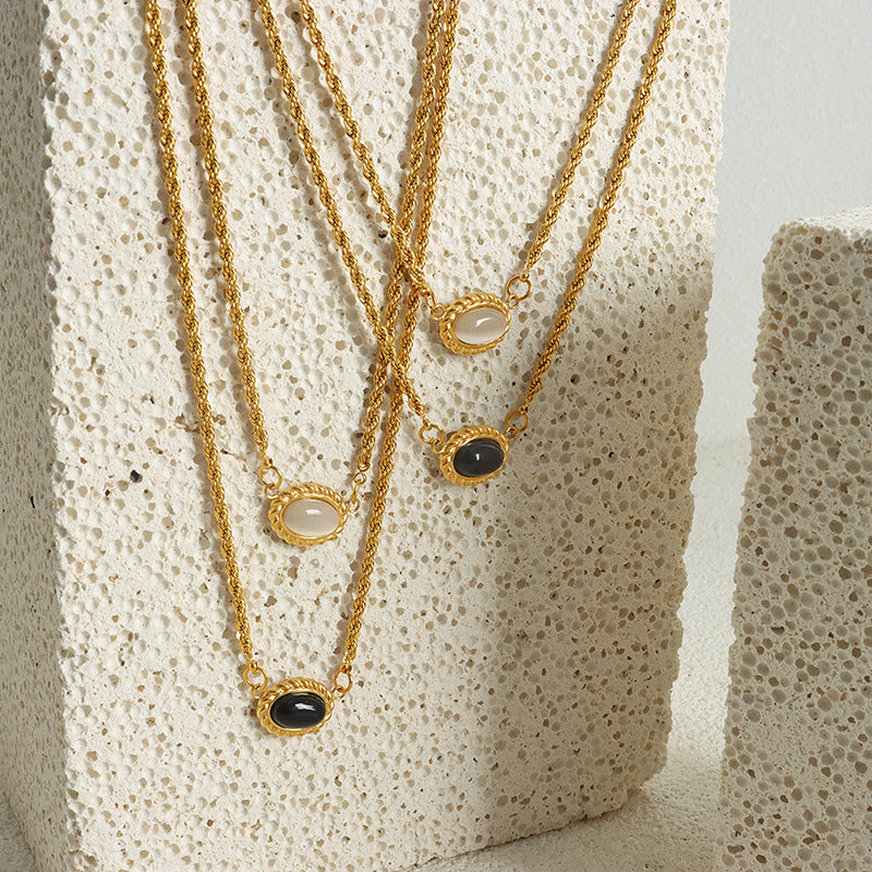 Adiffu Geometric Texture Oval Pendant Double Necklace