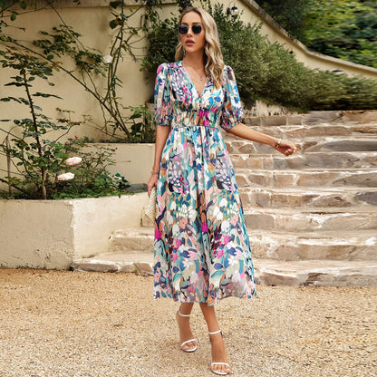 Adiffu Beautiful V-neck Printed Dress