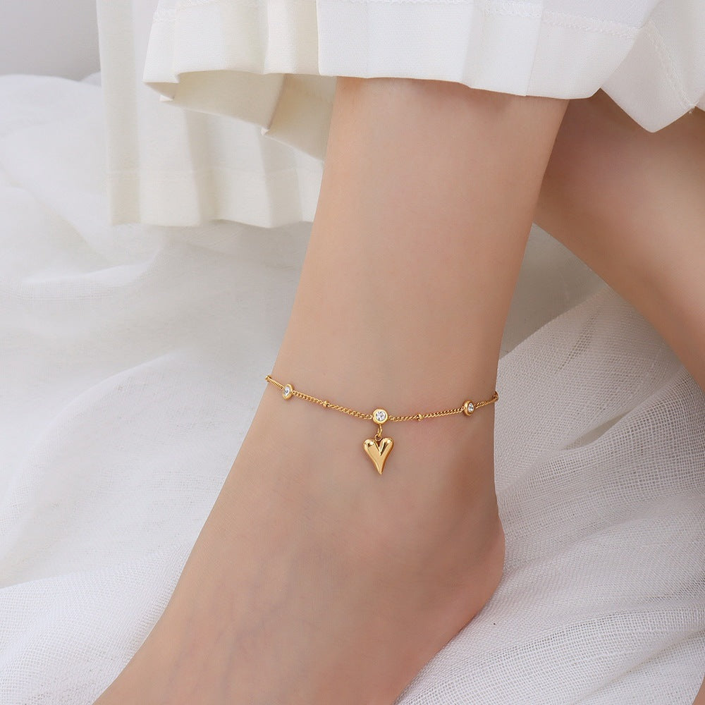 Adiffu Zircon Peach Heart Pendant Anklet