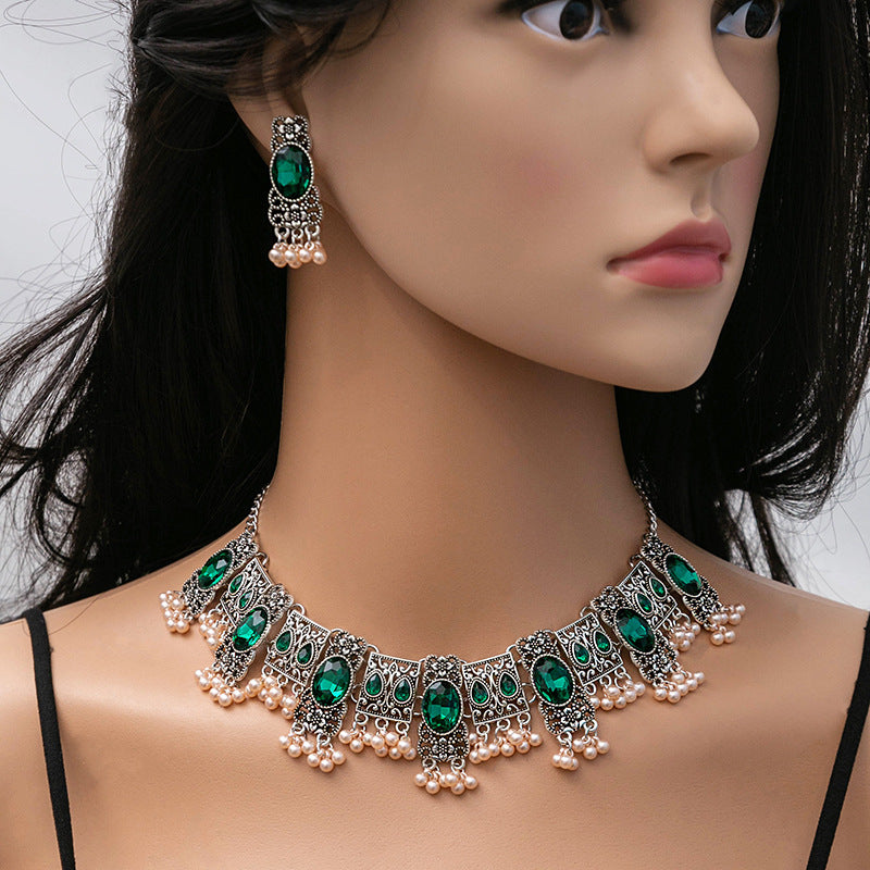 Adiffu Vintage Square Fringe Rice Bead Pendant Jewelry Set