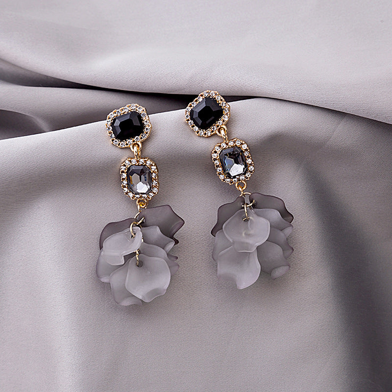 Adiffu Crystal Black Rose Petal Earrings