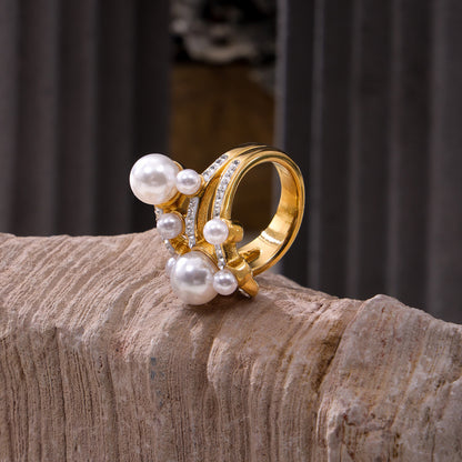 Adiffu Elegant 18K Gold Ring With Diamond And Imitation Pearl