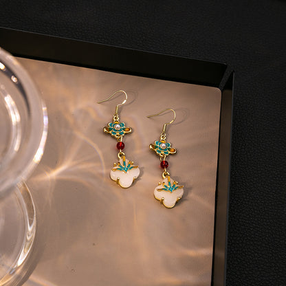 National Style Retro Imitation Jade Four-leaf Clover Earrings
