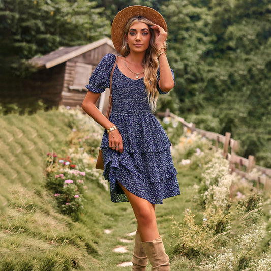 Adiffu Floral Short Sleeve Cake Dress