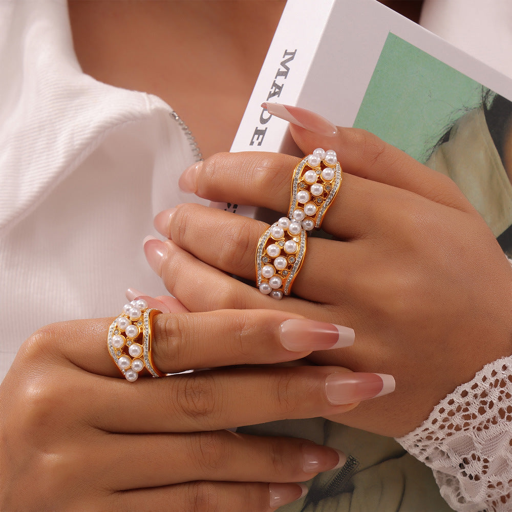 Adiffu Exquisite Zircon Imitation Pearl Ring