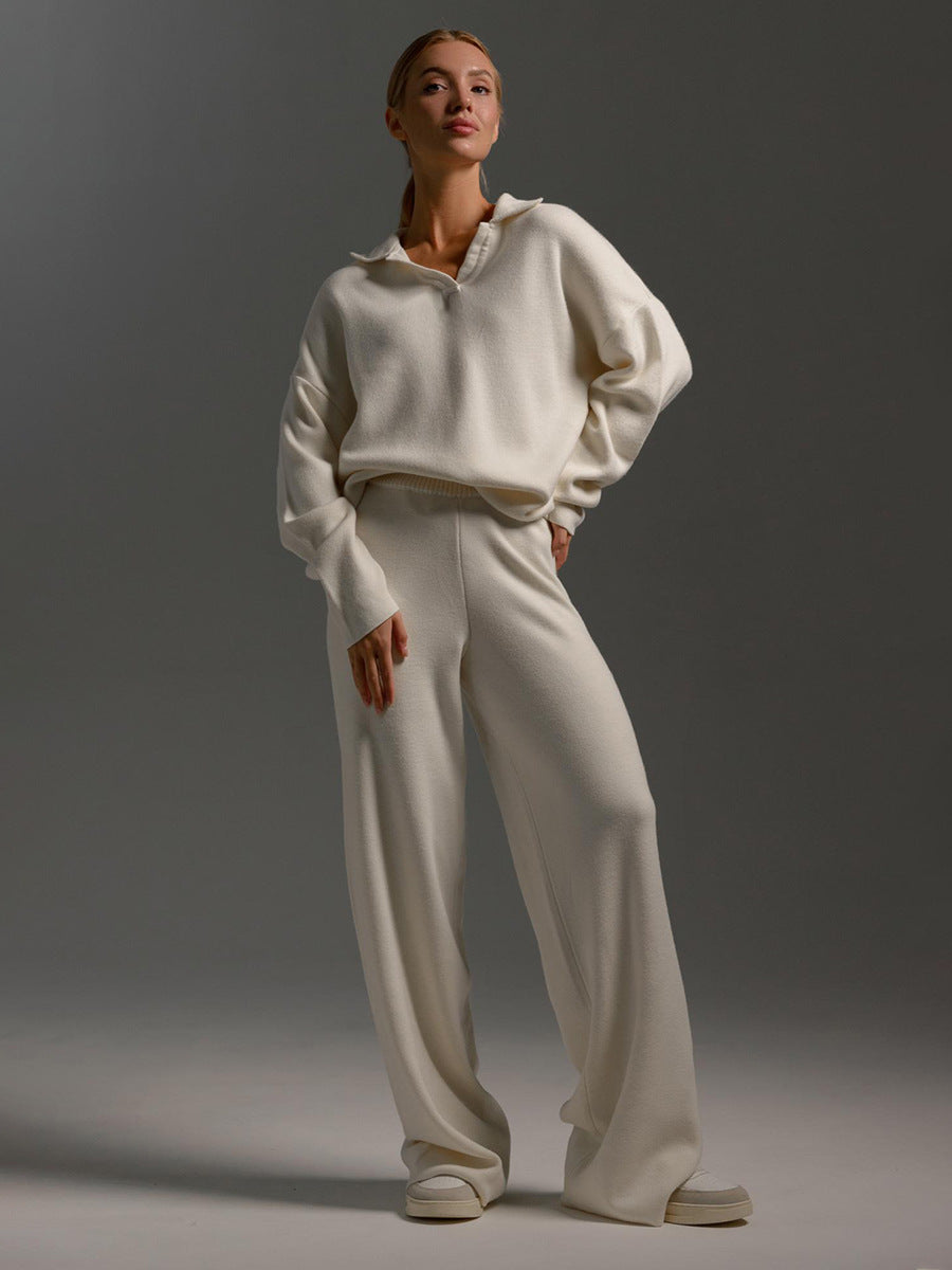 Adiffu Polo Neck Knit Pullover And Wide-leg Trousers