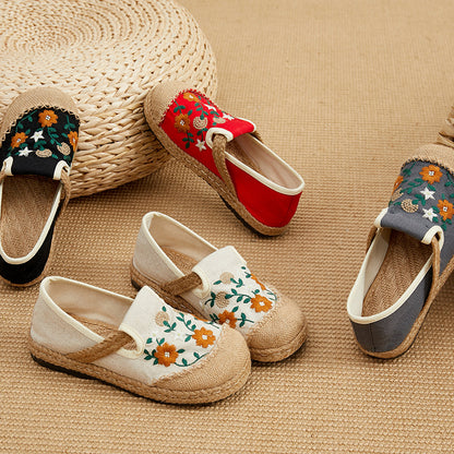 Adiffu Women's Flat Low Top Embroidered Flats Linen Casual Shoes Embroidered Shoes