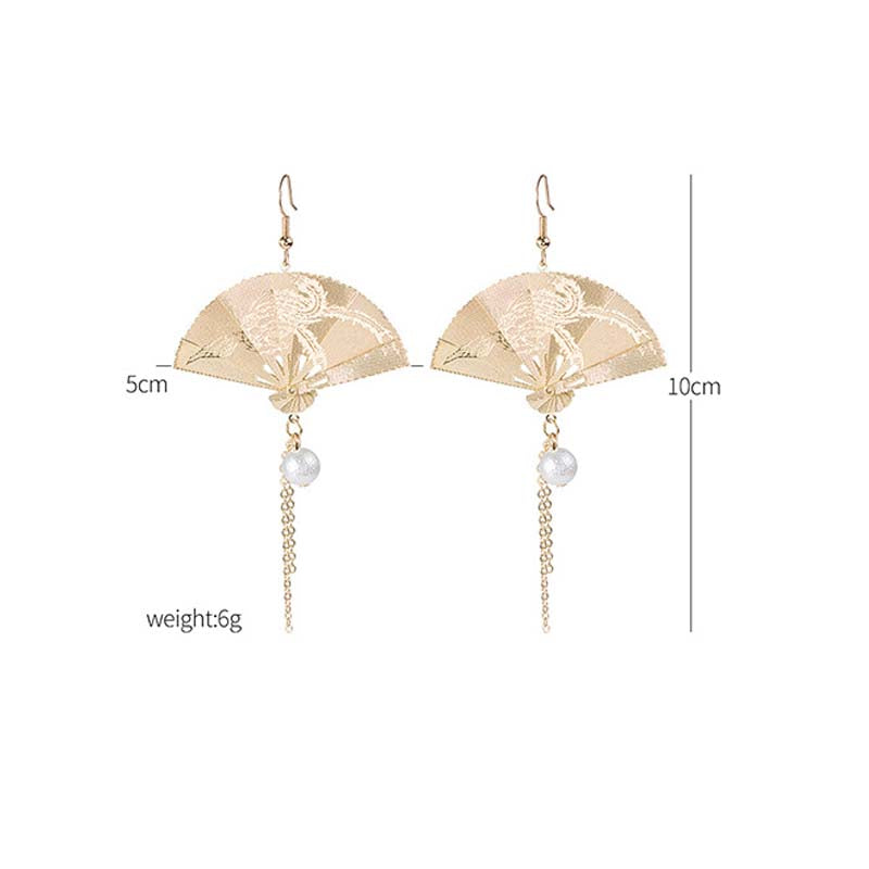 Vintage Carved Fan Folding Fan Pearl Earrings