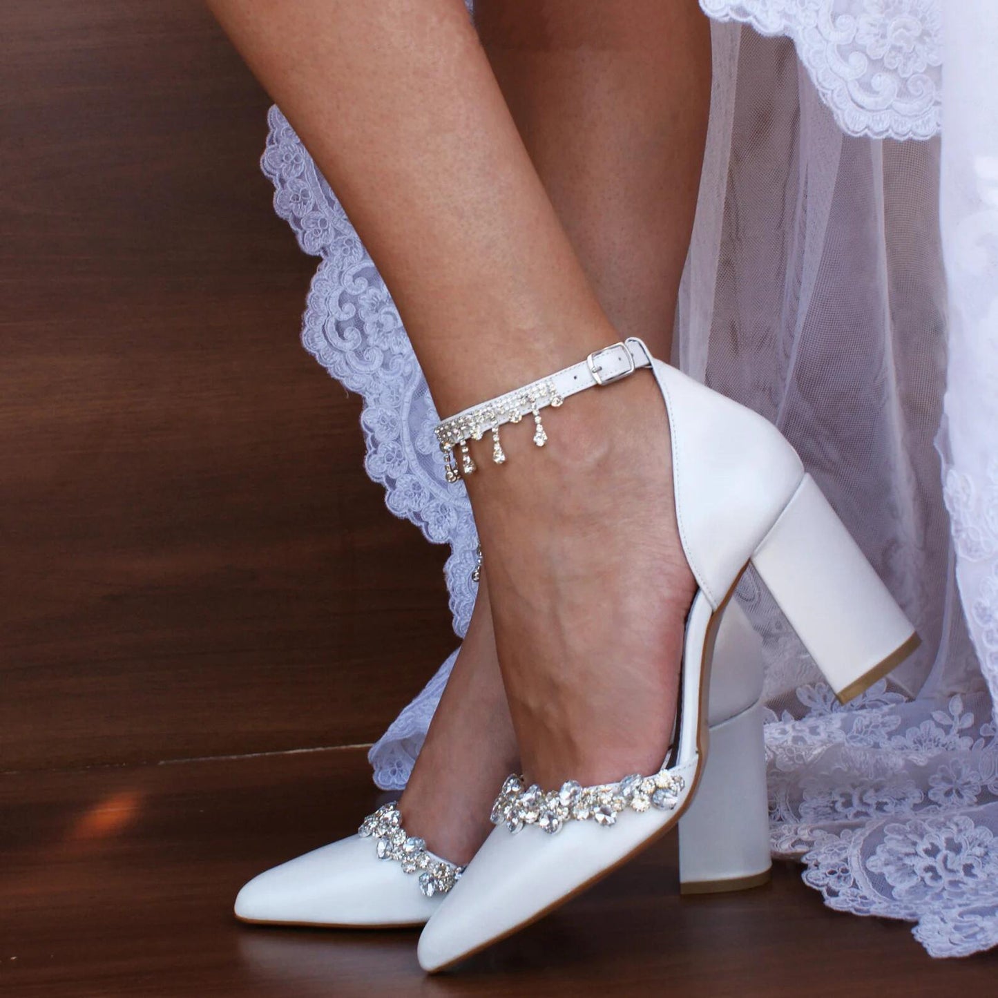 Adiffu Rhinestone Tassel Chunky Heels High-heeled Sandal Wedding Shoes