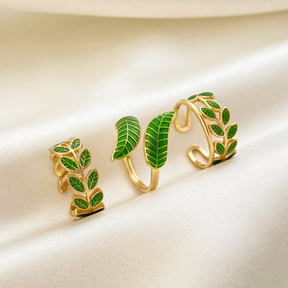 Adiffu Green Leaf Geometric Opening Ring