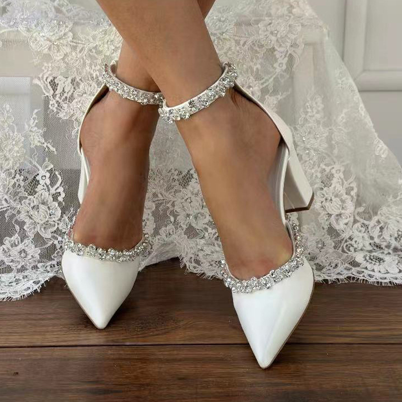Adiffu Women's Handmade White Wedding Shoes Bridal Block Heels