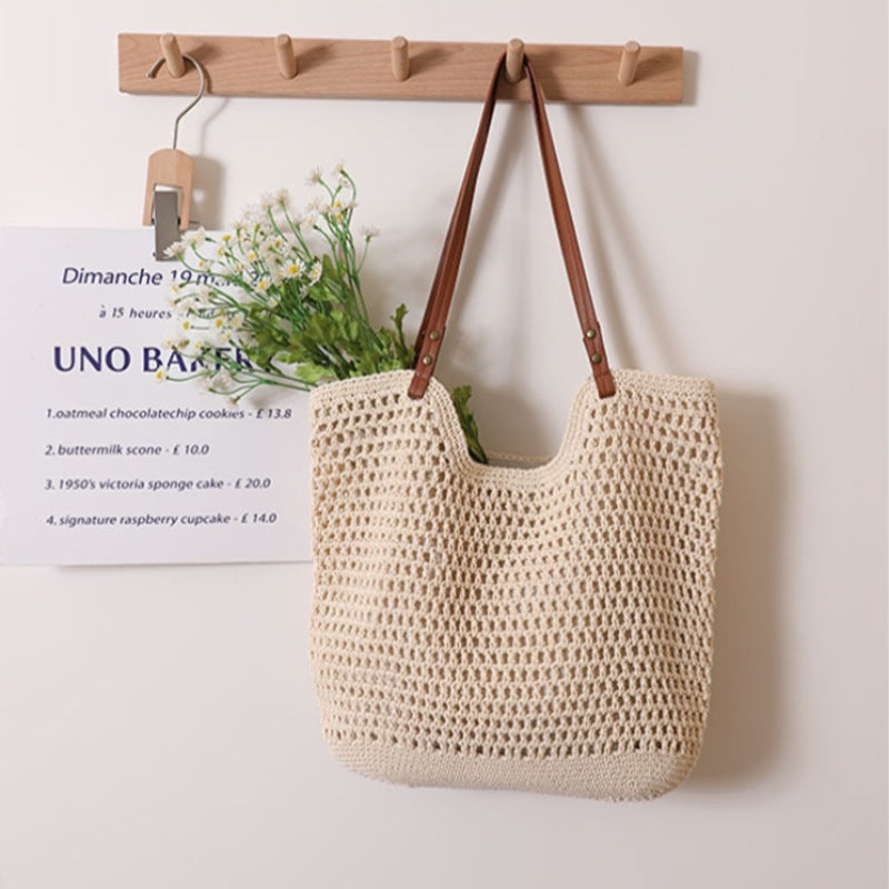 Adiffu Leisure Hollow Single Shoulder Cotton Woven Bag Portable Straw Woven Bag Seaside Holiday Beach Bag Women's Bag