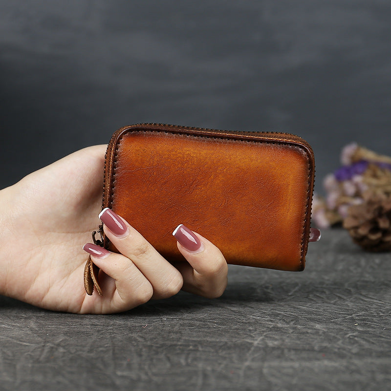 Adiffu Vintage Mini Leather Zipper Card Bag