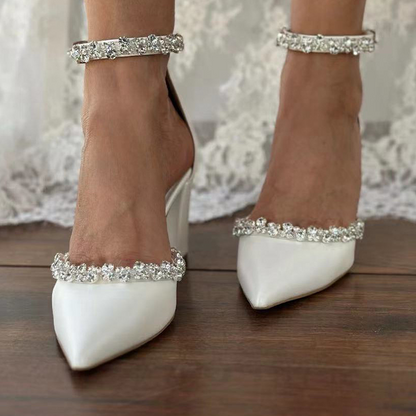 Adiffu Women's Handmade White Wedding Shoes Bridal Block Heels