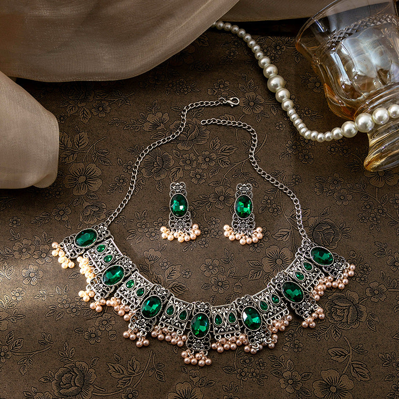 Adiffu Vintage Square Fringe Rice Bead Pendant Jewelry Set
