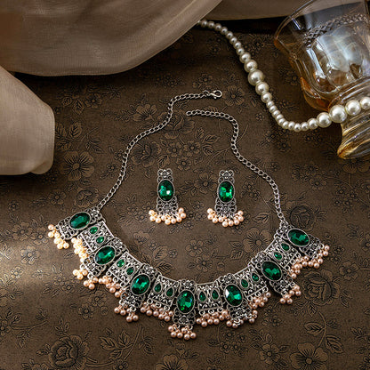 Adiffu Vintage Square Fringe Rice Bead Pendant Jewelry Set