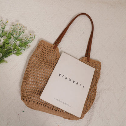 Adiffu Leisure Hollow Single Shoulder Cotton Woven Bag Portable Straw Woven Bag Seaside Holiday Beach Bag Women's Bag