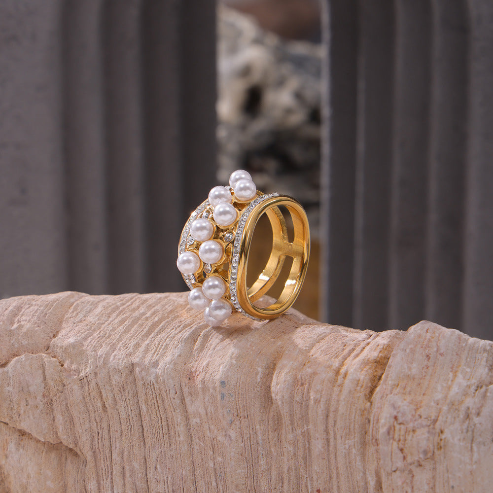 Adiffu Exquisite Zircon Imitation Pearl Ring