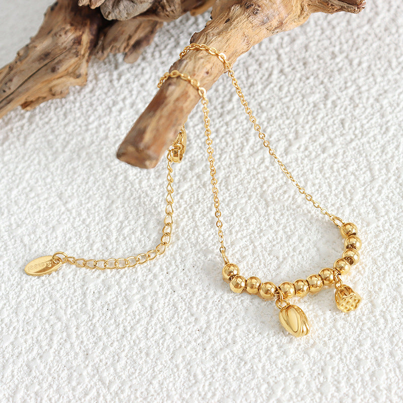 Adiffu Retro Palace Style Lotus Flower Beads Golden Anklet