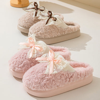 Adiffu Bow Indoor Warm Non-slip Plush Slippers