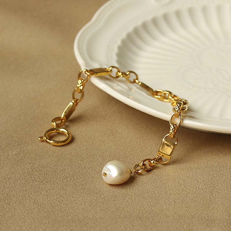 Gold Simple Personality Thick Chain Natural Real Pearl Bracelet