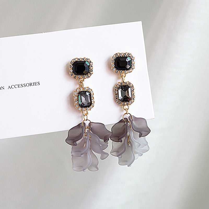 Adiffu Crystal Black Rose Petal Earrings